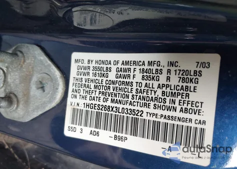 2003 Honda Civic Ex from USA, damaged, VIN 1HGES268X3L033522
